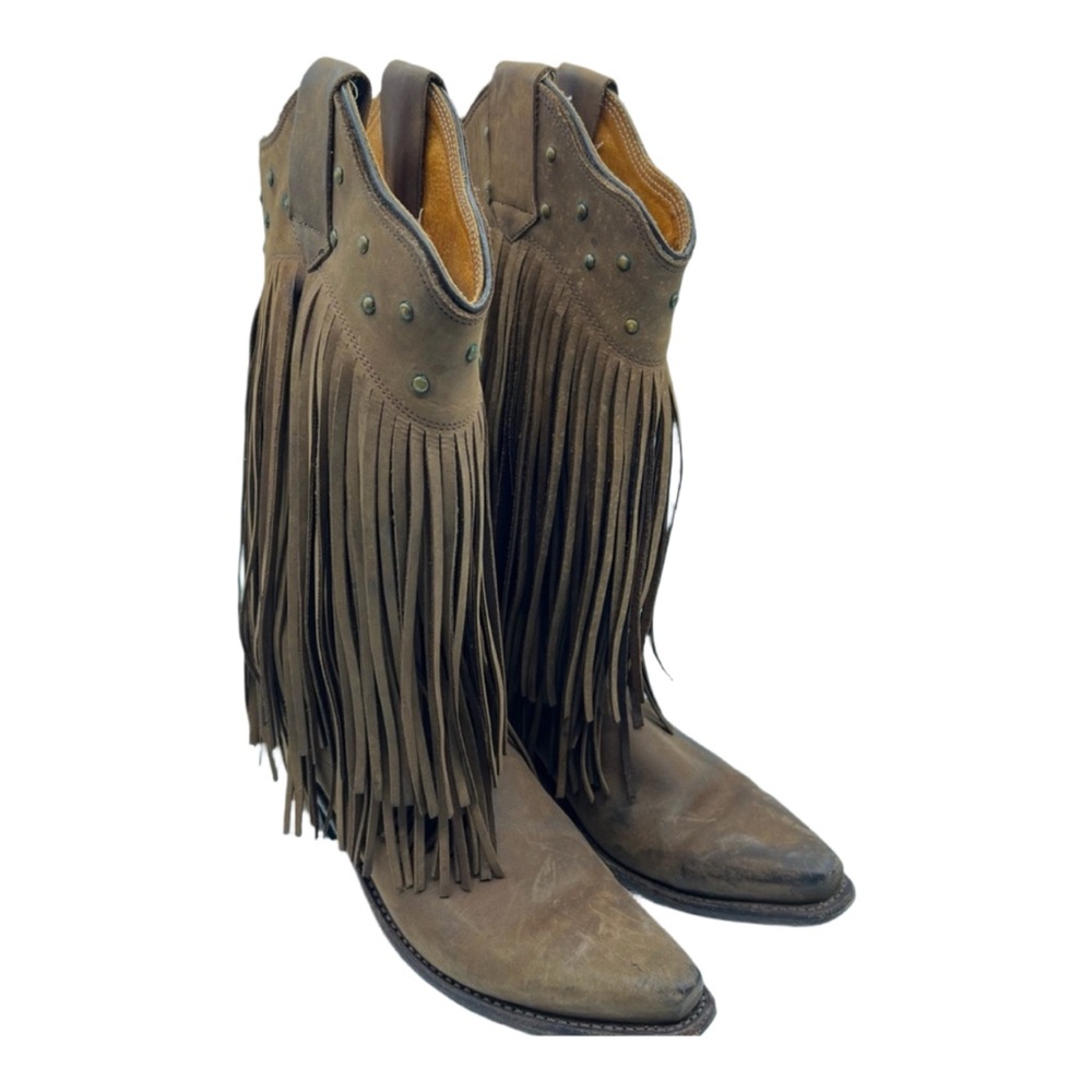 Old West Sz 8 Brown Leather Fringe Western Cowgirl Boho Boots